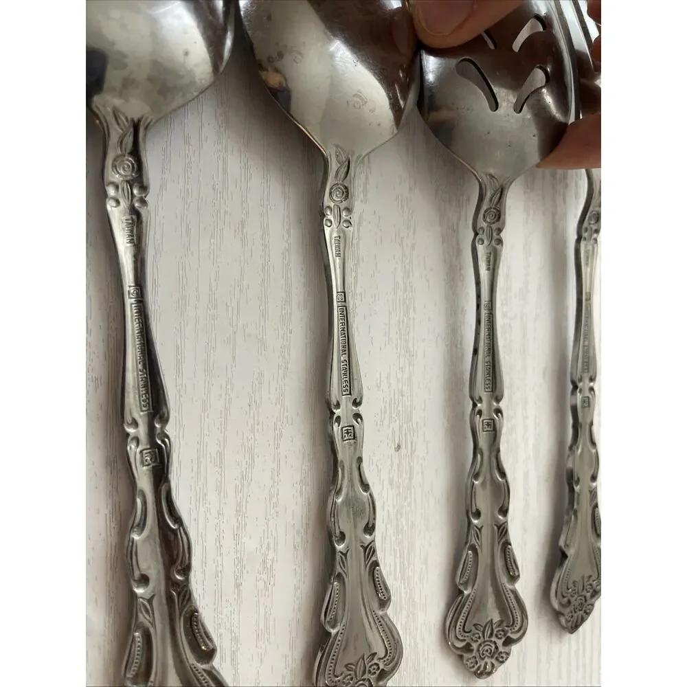 4 RARE Vtg International Stainless ABIGAIL Silverware Serving Floral Rose Taiwan